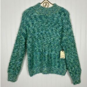 St John's Bay Fuzzy Sweater XL Blue Green Boucle Cozy Comfy Mock Neck Boho